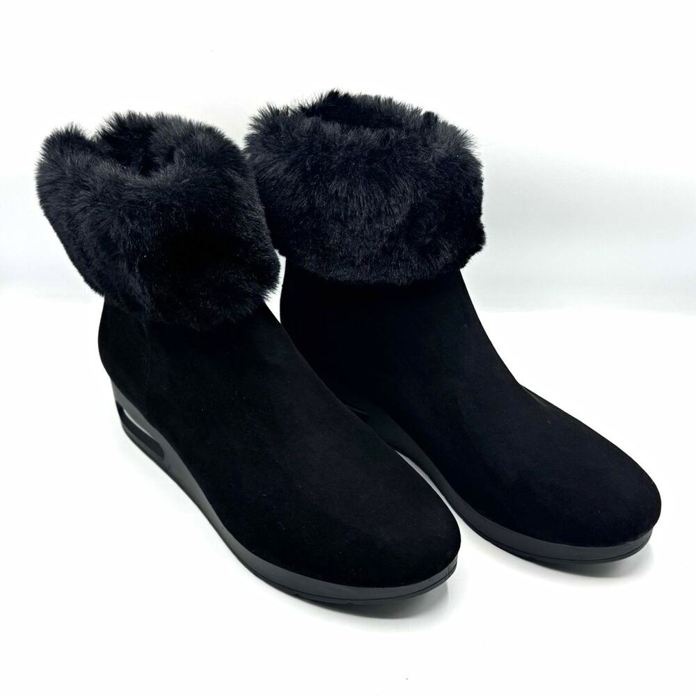 DKNY Black Faux Fur Trim Zip Ankle Bootie Lined Wedge Round Toe US 10M